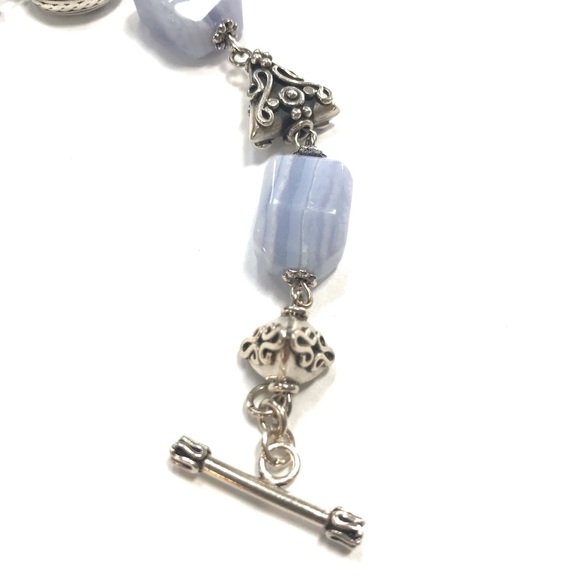 Artisan Made Pale Blue Lace Agate Silver Bali Beads Bracelet Toggle Clasp 8.25” - Picture 2 of 11